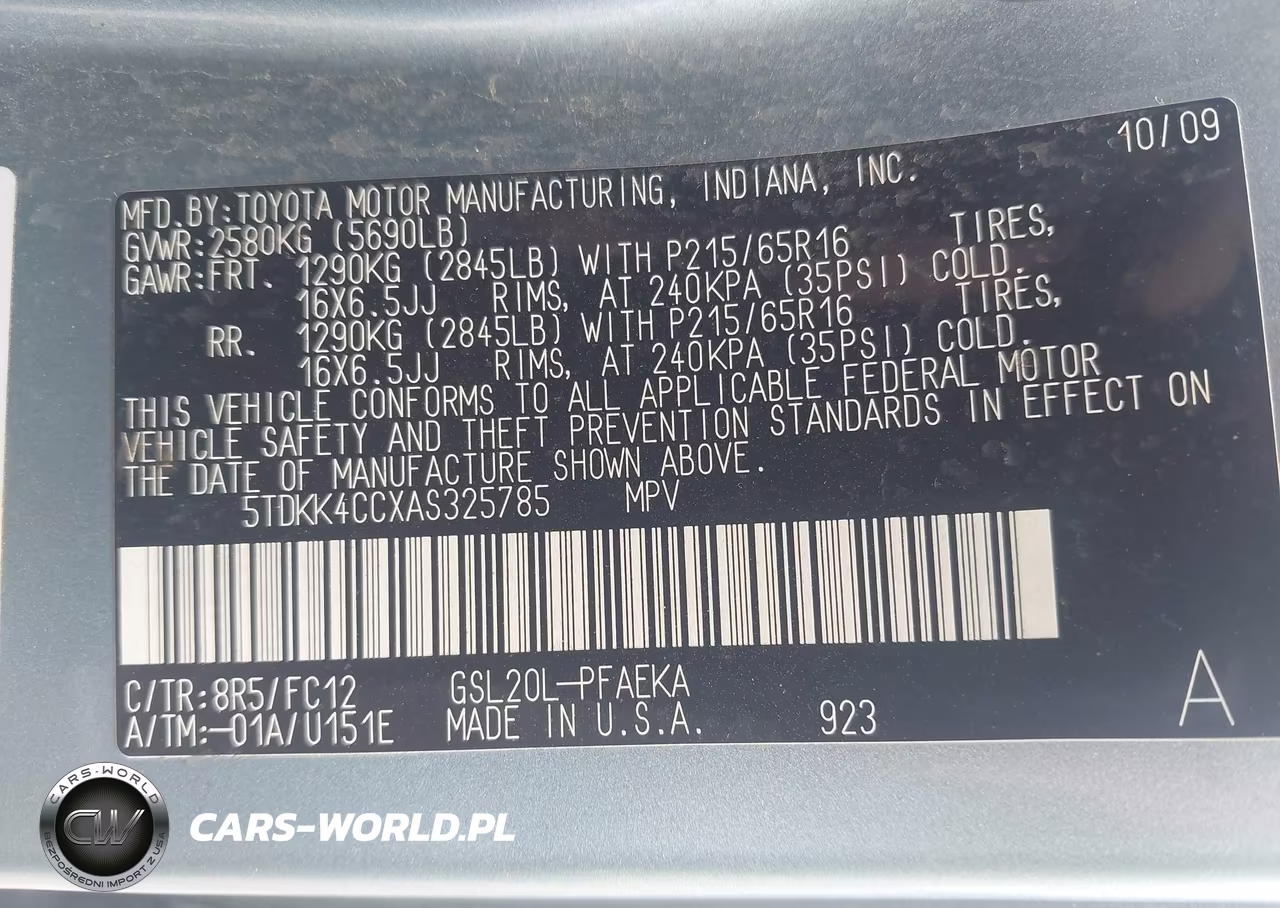2010 Toyota Sienna Le VIN:5TDKK4CCXAS325785 - 9