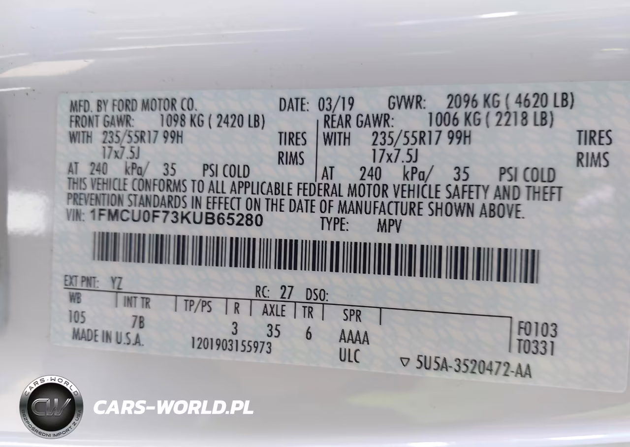 2019 Ford Escape S VIN:1FMCU0F73KUB65280 - 9