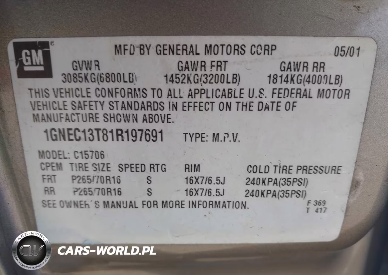 2001 Chevrolet Tahoe Lt VIN:1GNEC13T81R197691 - 9
