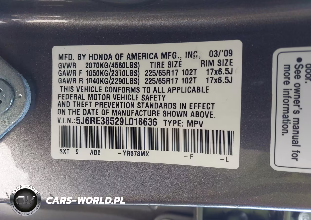 2009 Honda Cr-V Ex VIN:5J6RE38529L016636 - 9