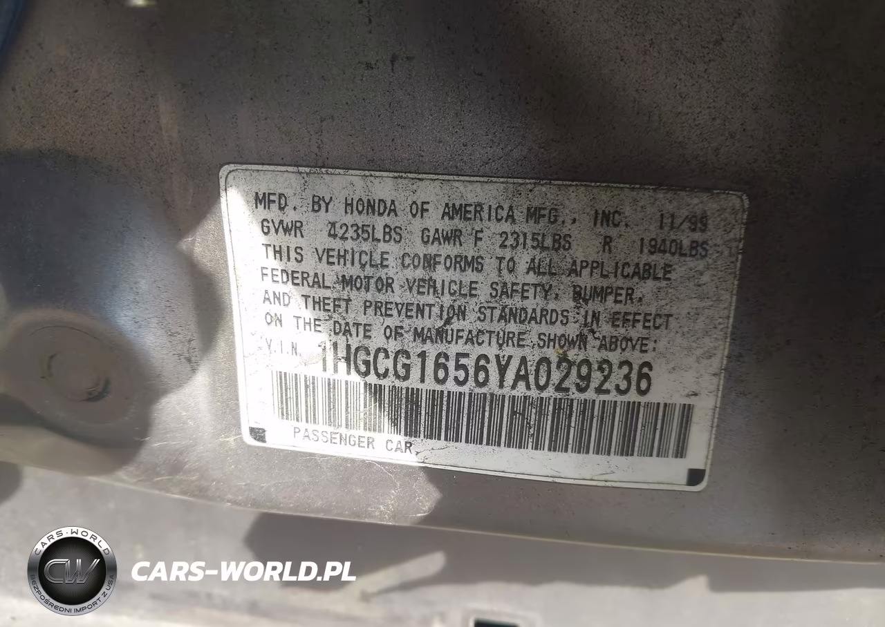 2000 Honda Accord 3.0 Ex VIN:1HGCG1656YA029236 - 9