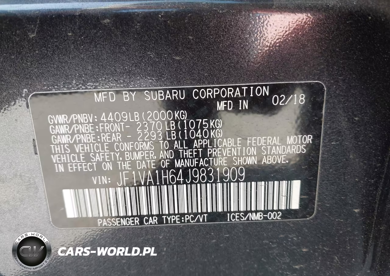 2018 Subaru Wrx Limited VIN:JF1VA1H64J9831909 - 9