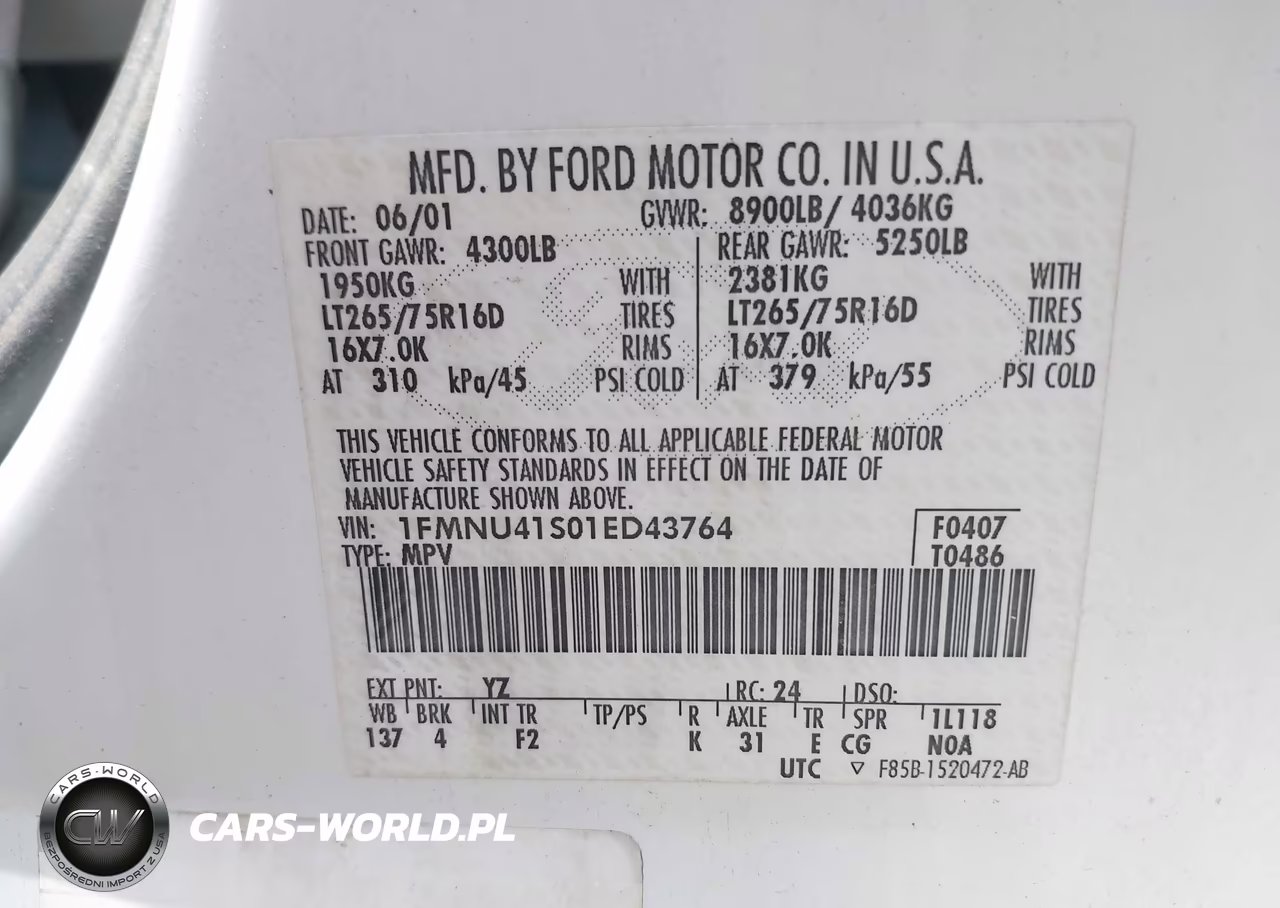 2001 Ford Excursion Xlt VIN:1FMNU41S01ED43764 - 9