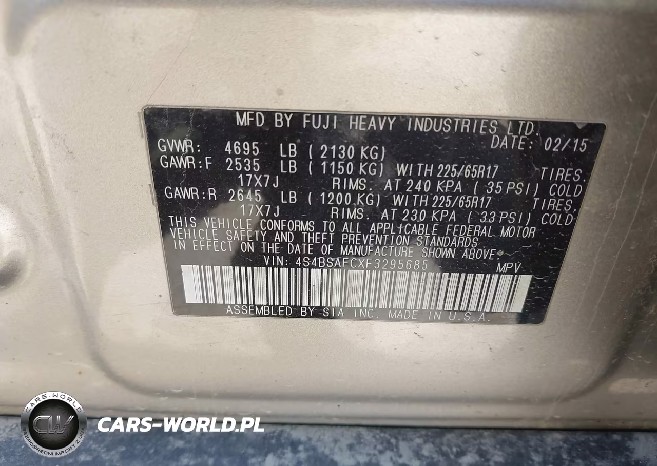 2015 Subaru Outback 2.5I Premium VIN:4S4BSAFCXF3295685 - 9