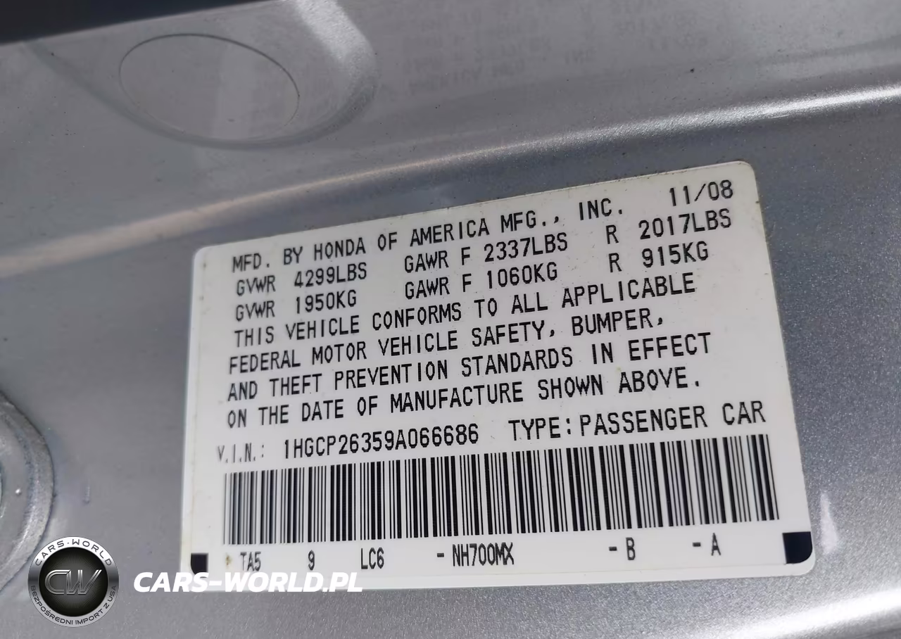 2009 Honda Accord 2.4 Lx VIN:1HGCP26359A066686 - 9