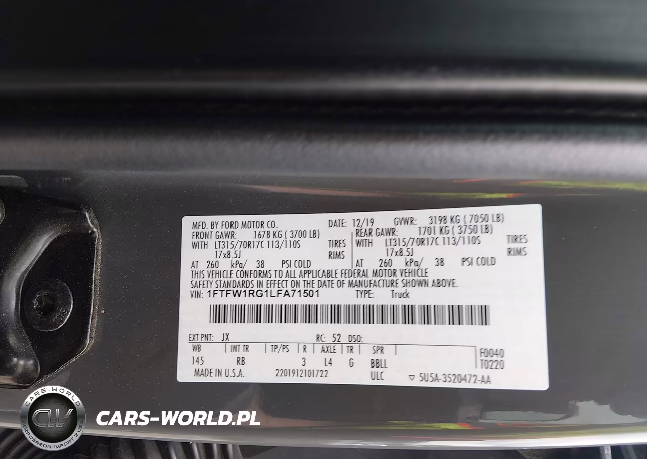 2020 Ford F-150 Raptor VIN:1FTFW1RG1LFA71501 - 9