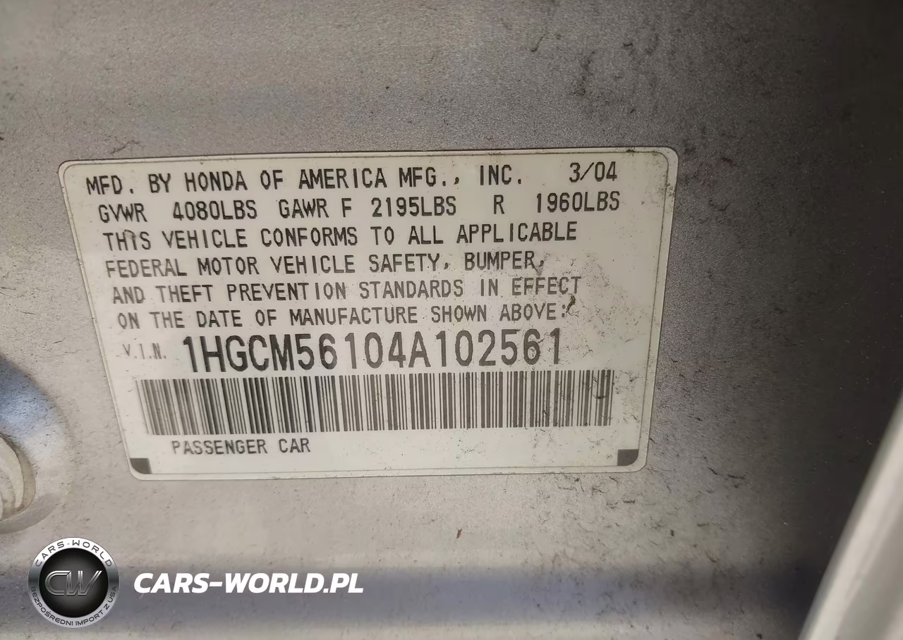 2004 Honda Accord 2.4 Dx VIN:1HGCM56104A102561 - 9