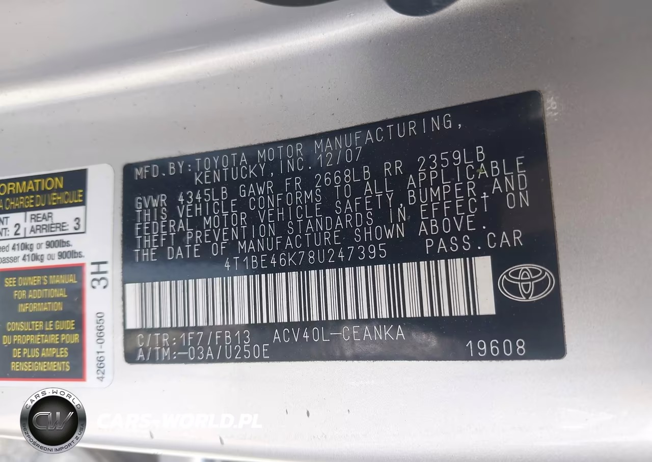 2008 Toyota Camry Le VIN:4T1BE46K78U247395 - 9