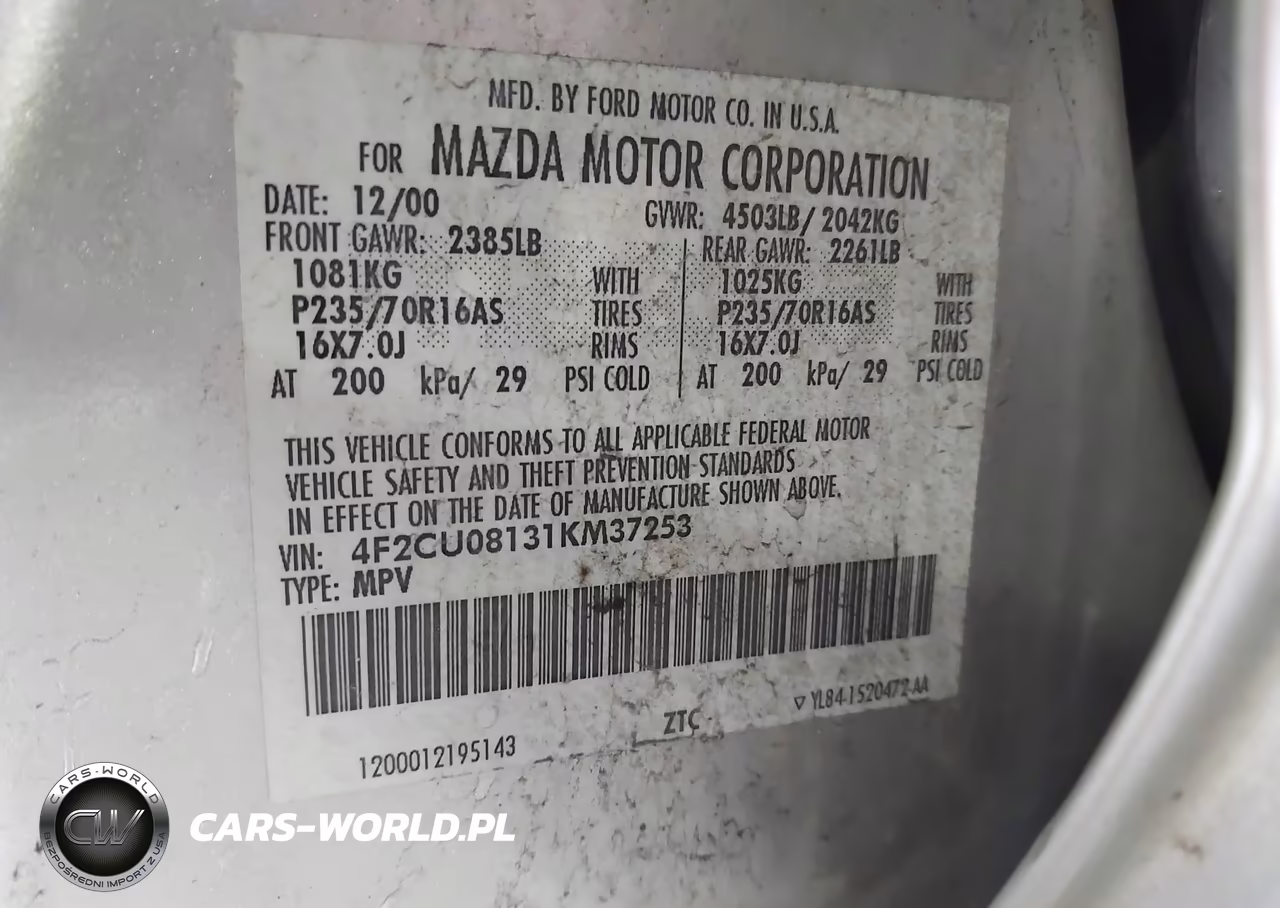 2001 Mazda Tribute Es V6-Lx V6 VIN:4F2CU08131KM37253 - 9