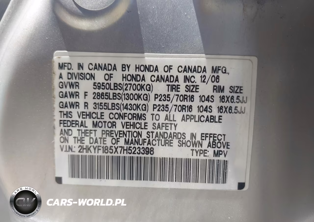 2007 Honda Pilot Ex-L VIN:2HKYF185X7H523398 - 9