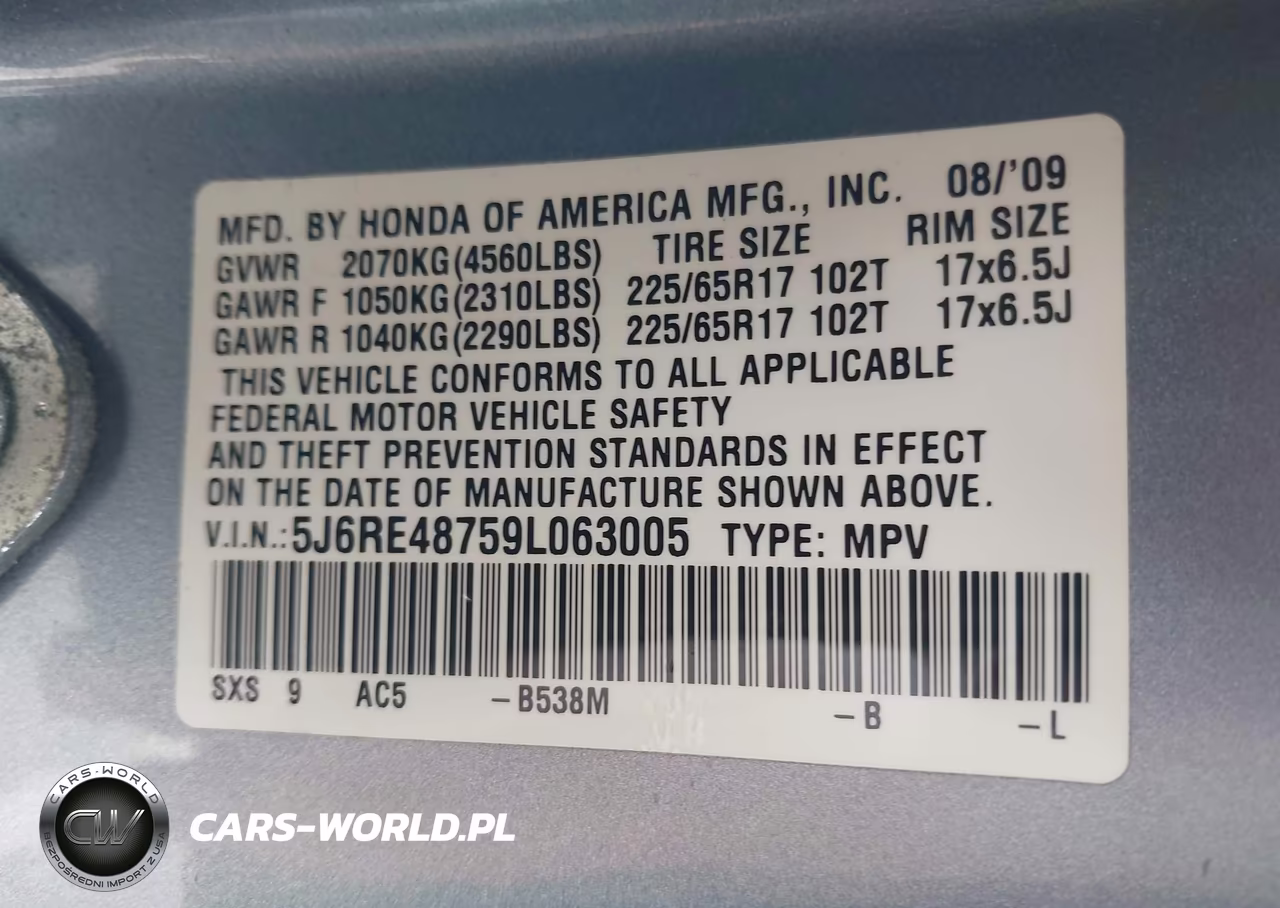 2009 Honda Cr-V Ex-L VIN:5J6RE48759L063005 - 9