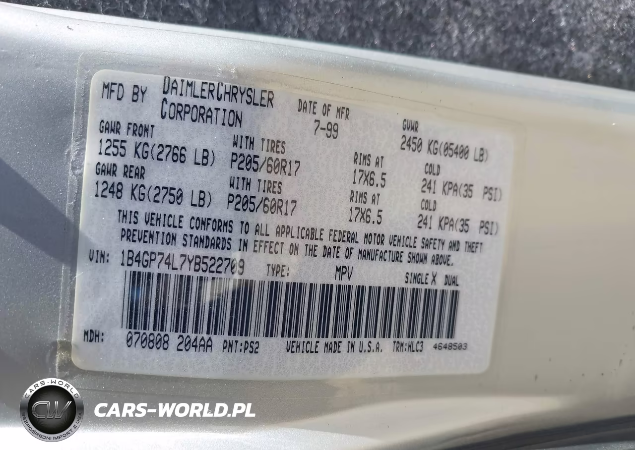 2000 Dodge Grand Caravan Es VIN:1B4GP74L7YB522709 - 9