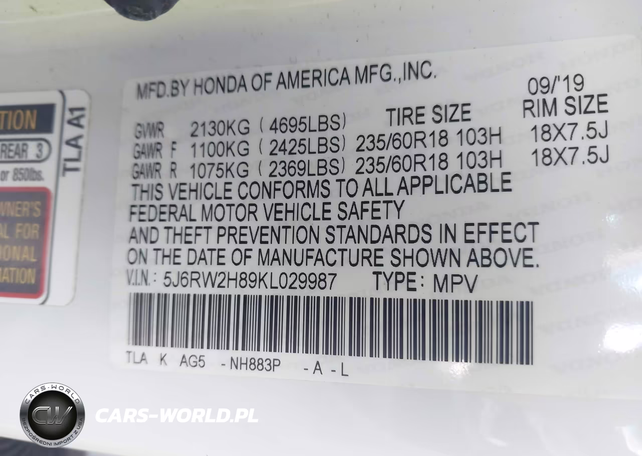 2019 Honda Cr-V Ex-L VIN:5J6RW2H89KL029987 - 9
