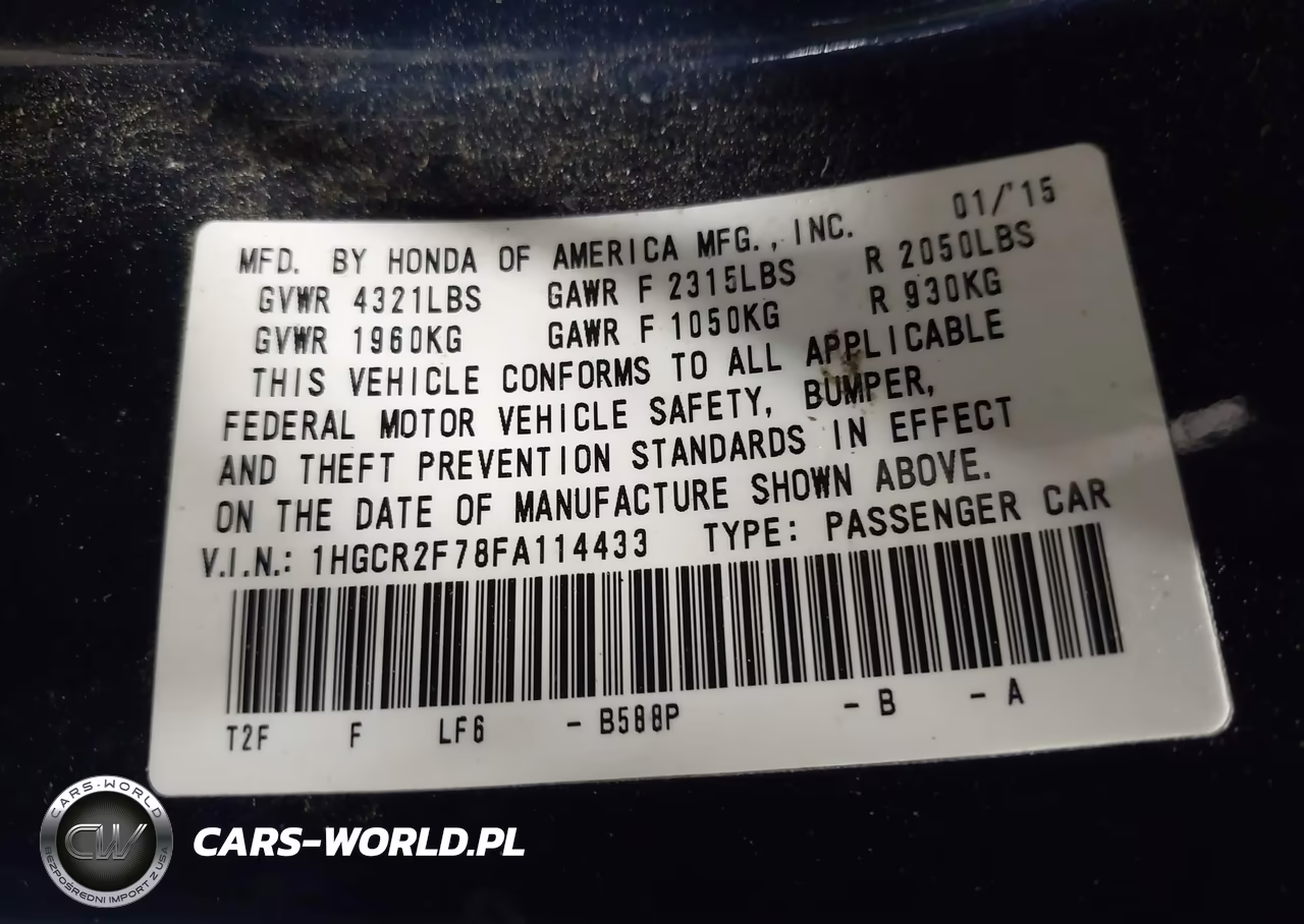 HONDA ACCORD EX VIN:1HGCR2F78FA114433 - 9