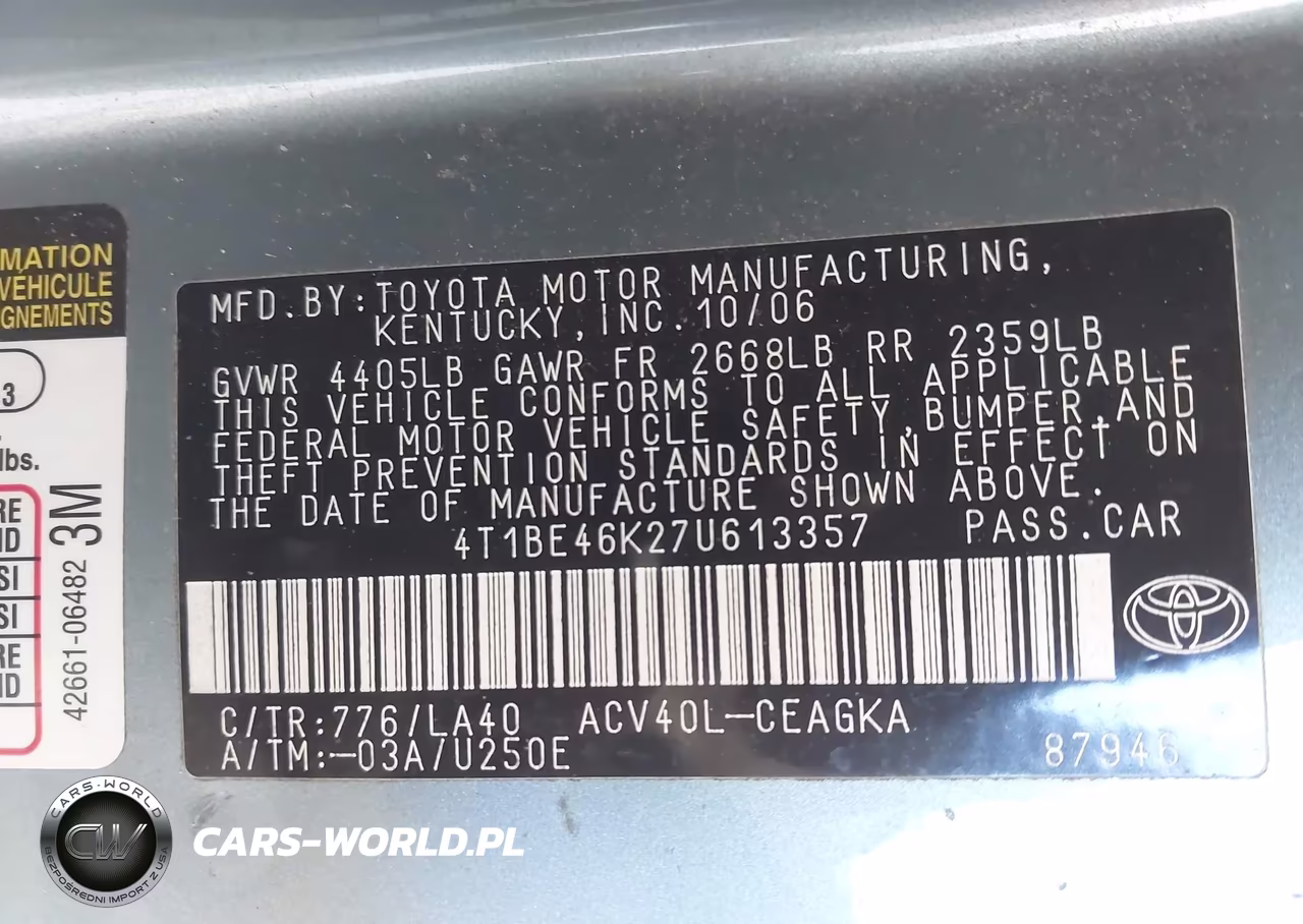 2007 Toyota Camry Xle VIN:4T1BE46K27U613357 - 9