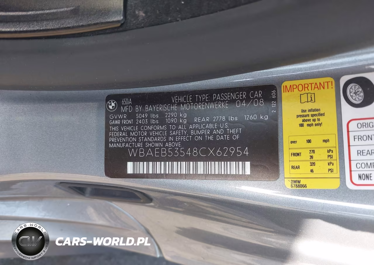 2008 BMW 650I VIN:WBAEB53548CX62954 - 9