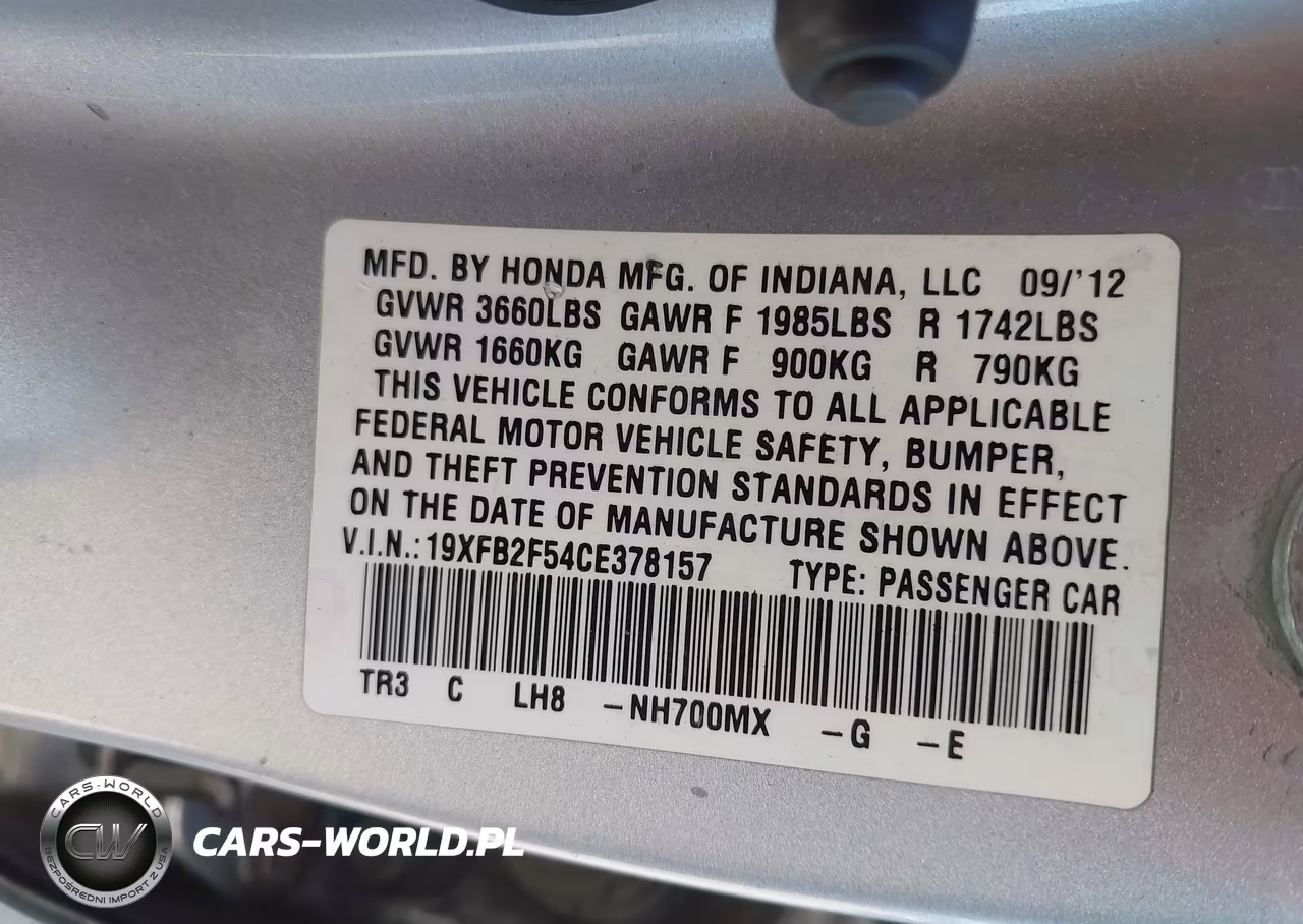 2012 Honda Civic Lx VIN:19XFB2F54CE378157 - 9