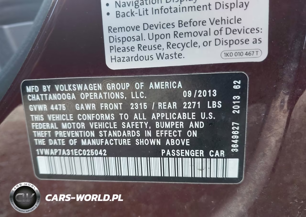 2014 Volkswagen Passat 2.5L S VIN:1VWAP7A31EC025042 - 9