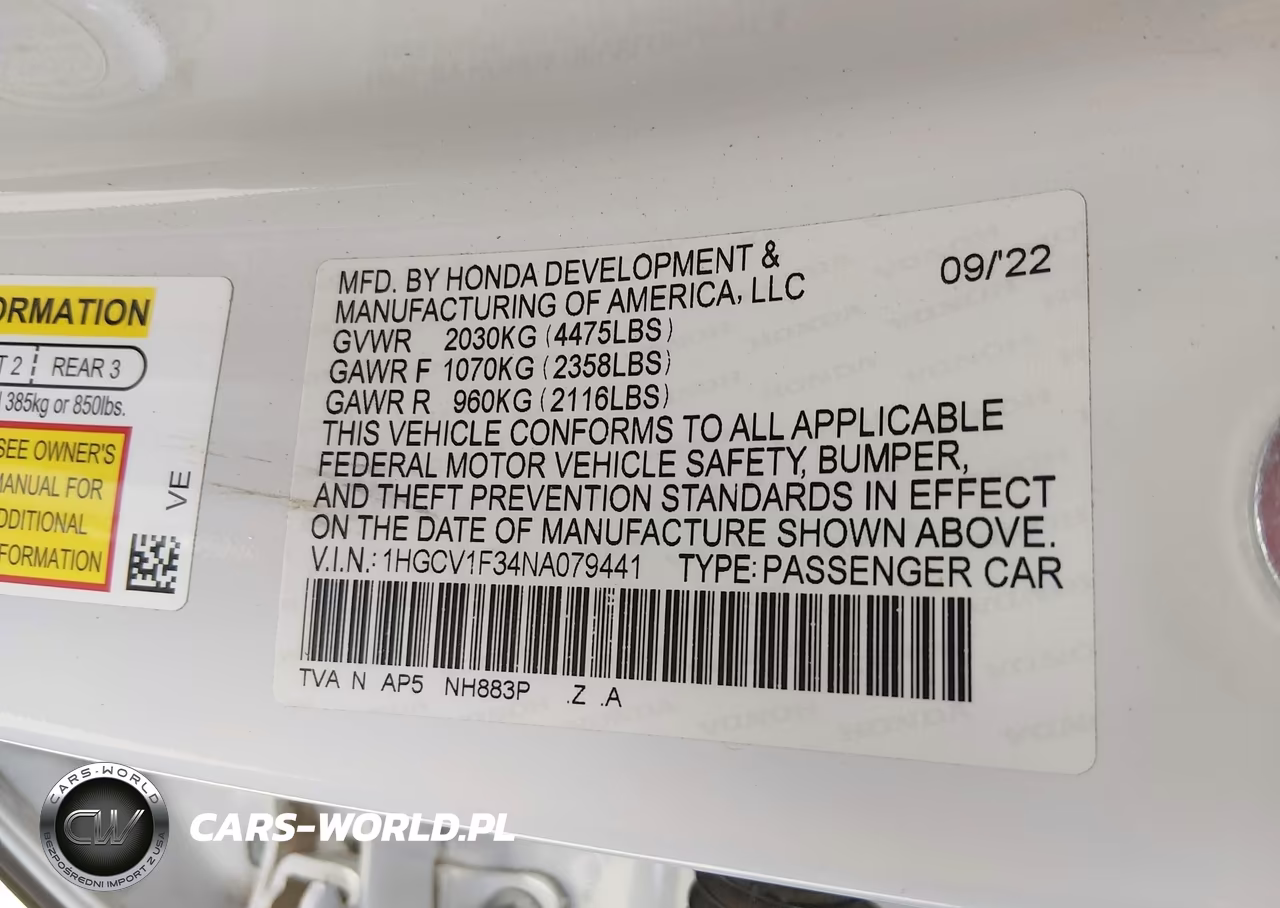 2022 Honda Accord Sport VIN:1HGCV1F34NA079441 - 9