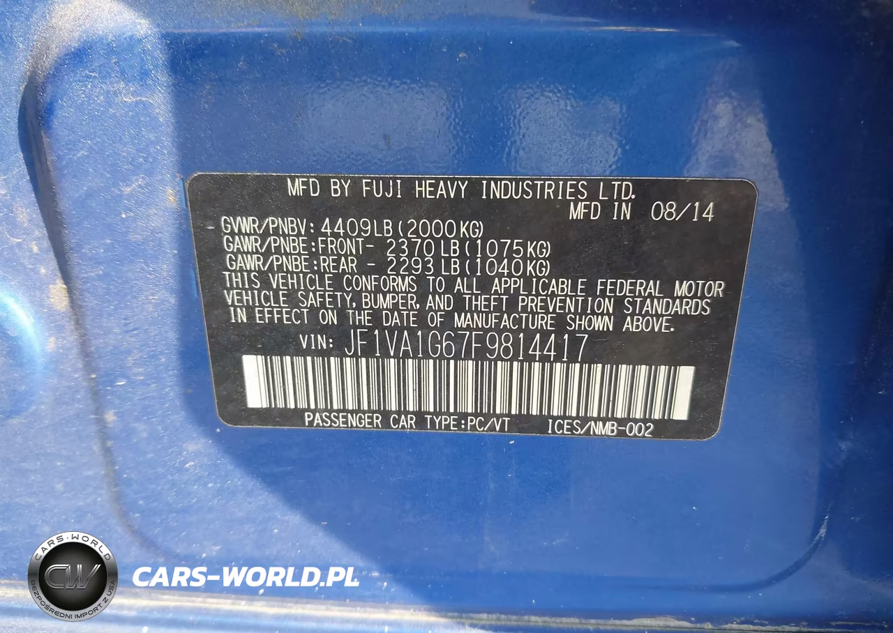 2015 Subaru Wrx Limited VIN:JF1VA1G67F9814417 - 9