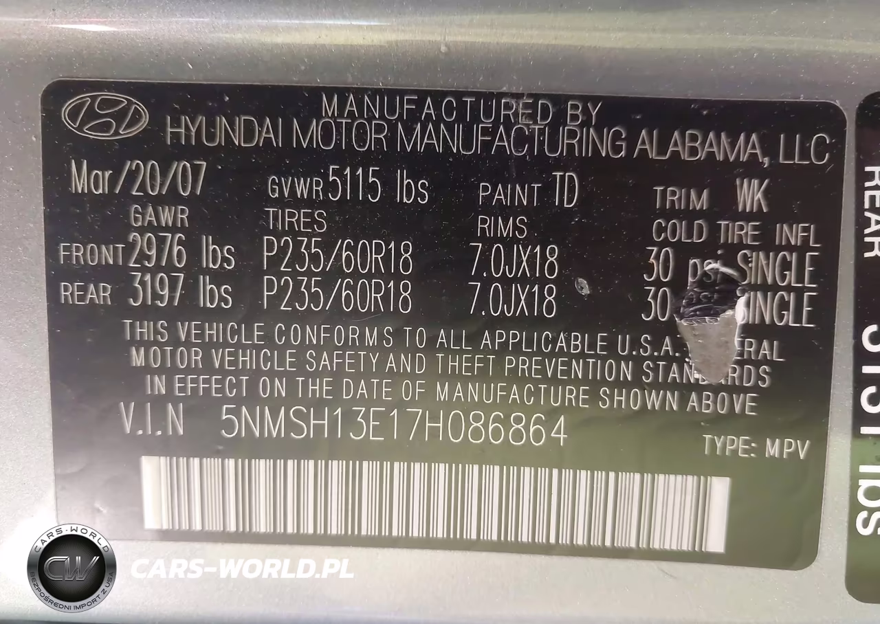 2007 Hyundai Santa Fe Limited-Se VIN:5NMSH13E17H086864 - 9
