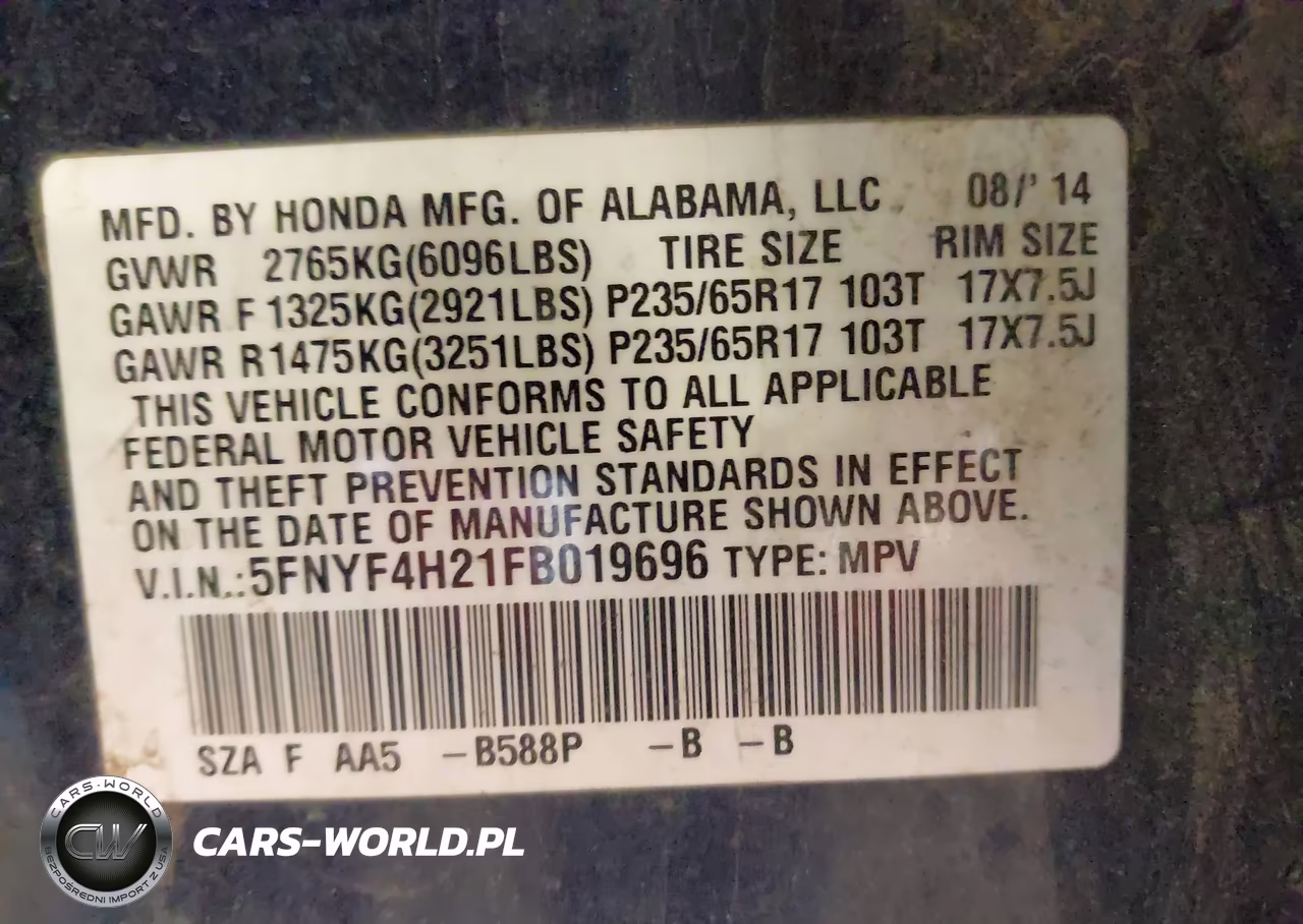 2015 Honda Pilot Lx VIN:5FNYF4H21FB019696 - 9
