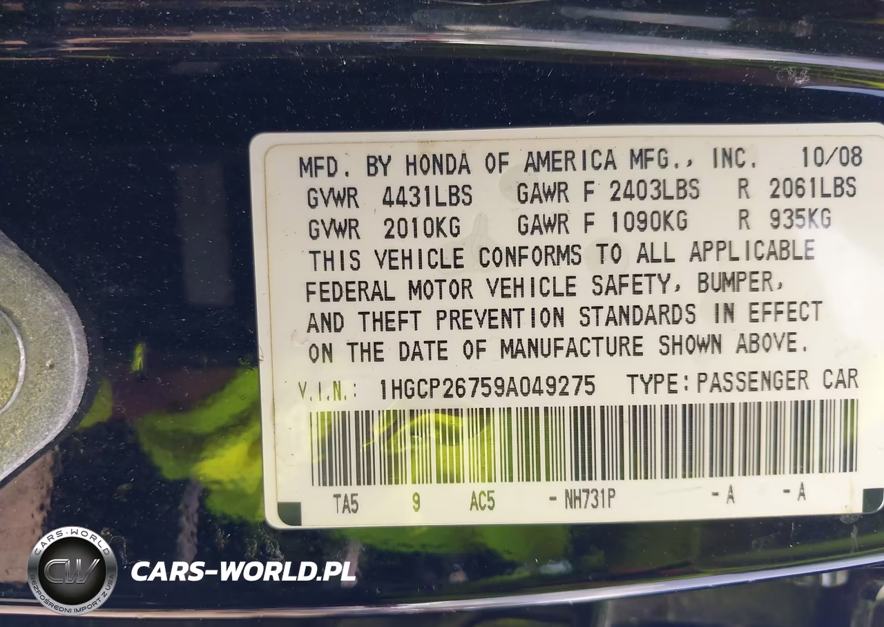 2009 Honda Accord 2.4 Ex VIN:1HGCP26759A049275 - 9