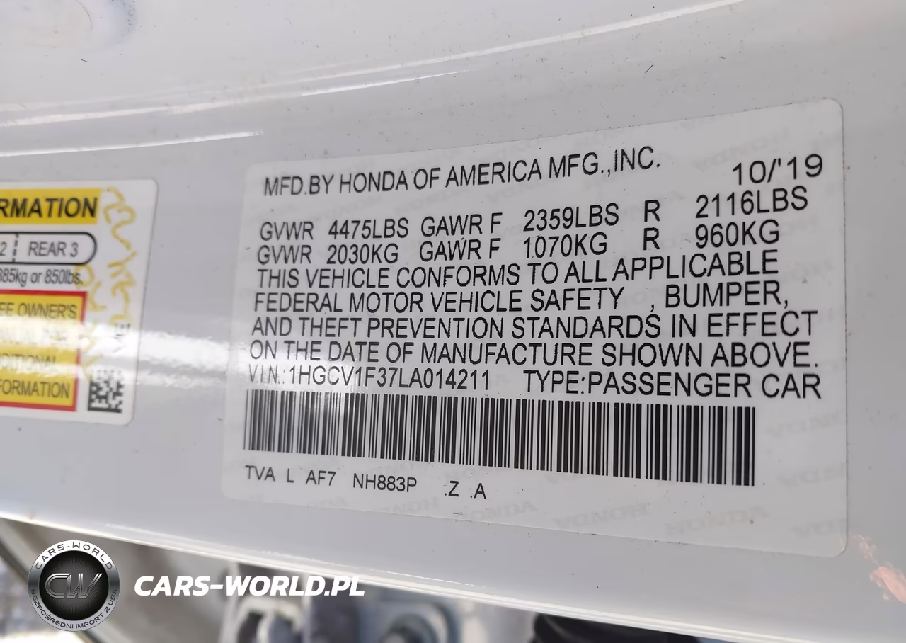 2020 Honda Accord Sport VIN:1HGCV1F37LA014211 - 9