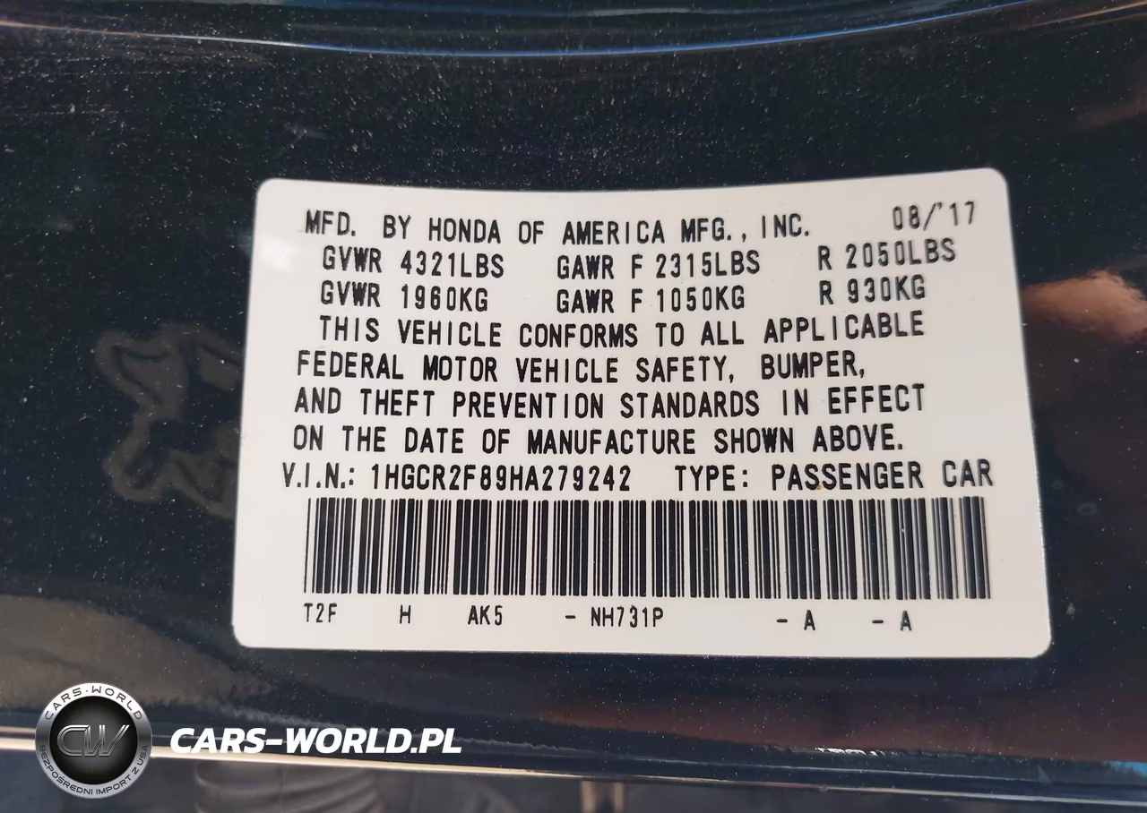 2017 Honda Accord Ex-L VIN:1HGCR2F89HA279242 - 9
