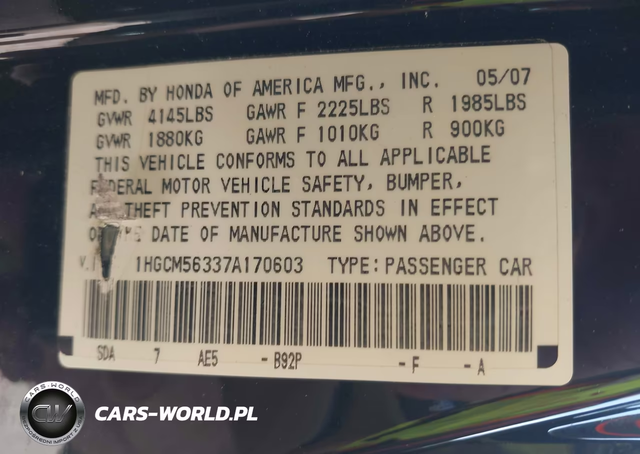 2007 Honda Accord 2.4 Se VIN:1HGCM56337A170603 - 9