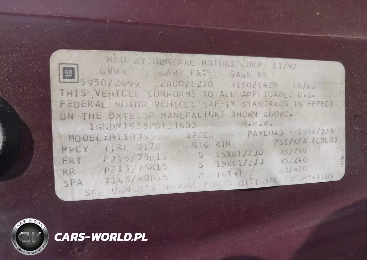 1993 Chevrolet Astro VIN:1GNDM19Z8PB131633 - 9