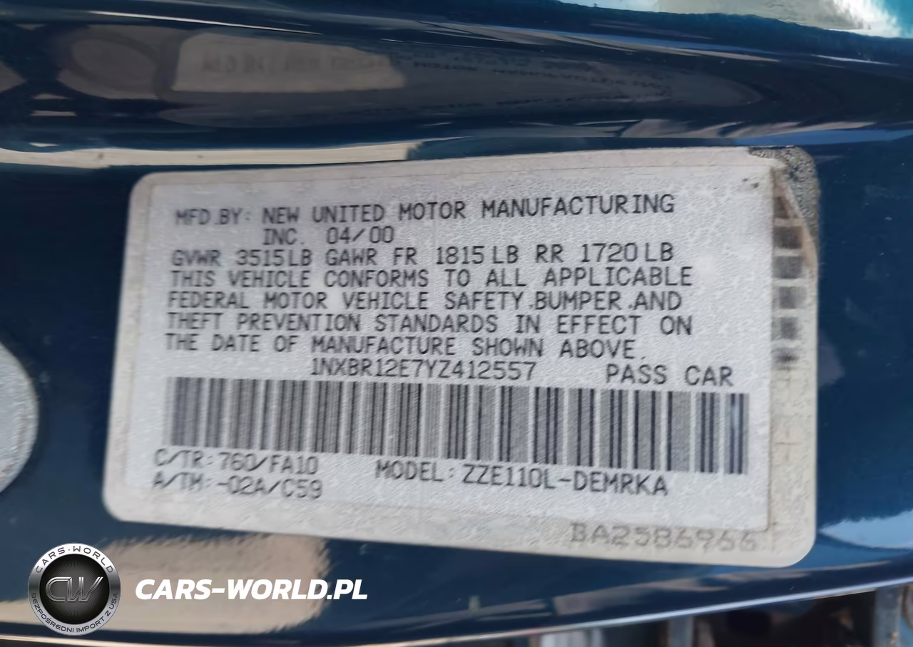 2000 Toyota Corolla Ve VIN:1NXBR12E7YZ412557 - 9