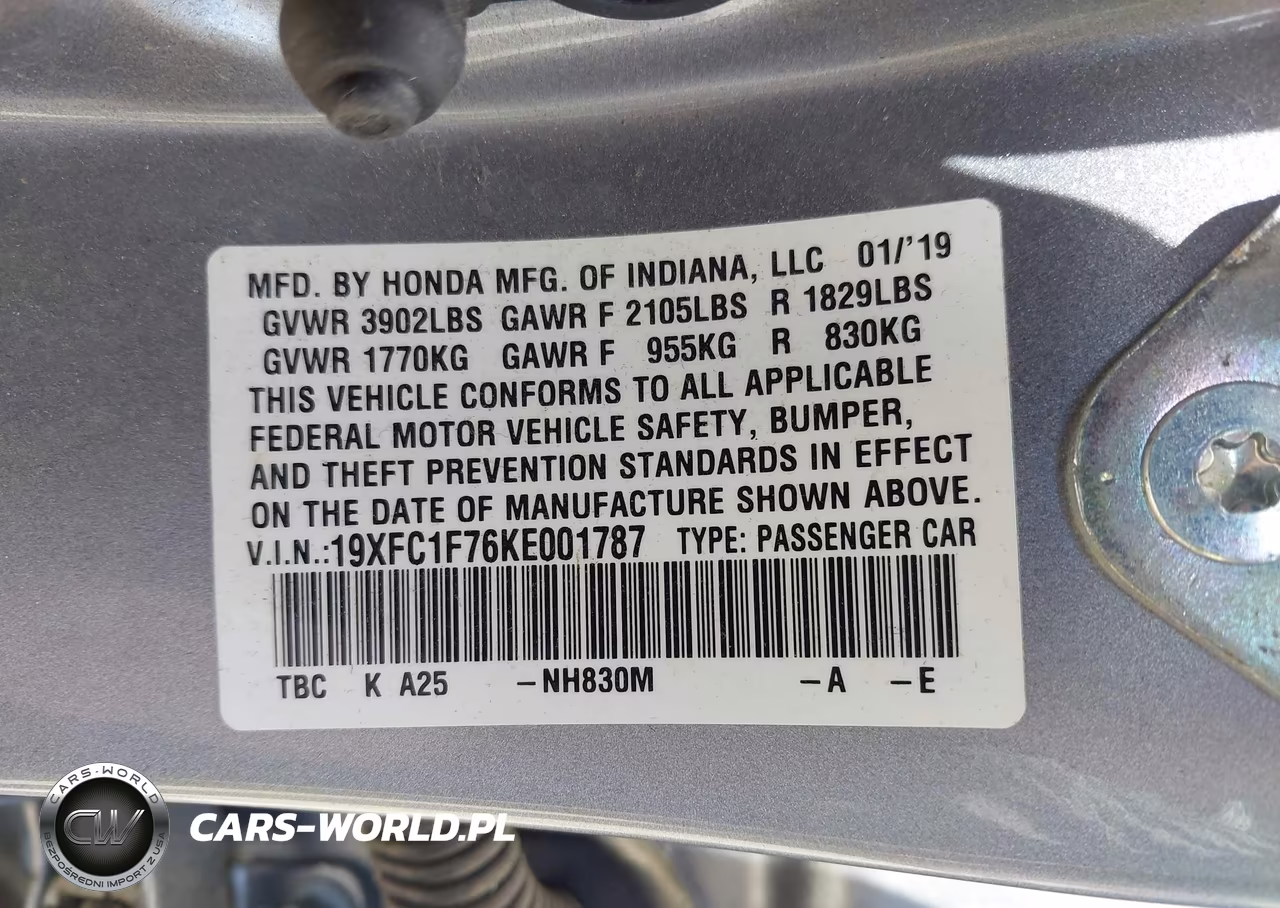 2019 Honda Civic Ex-L VIN:19XFC1F76KE001787 - 9
