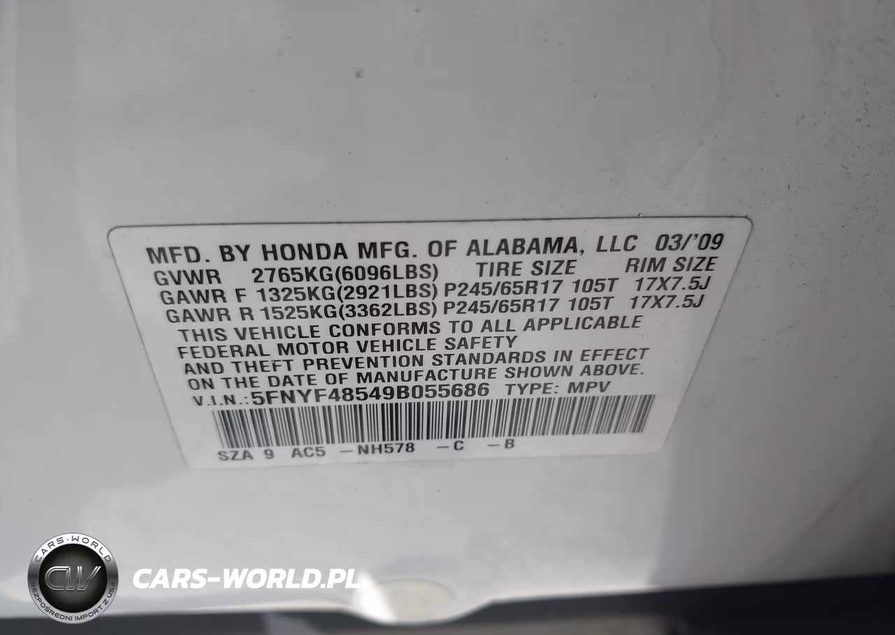 2009 Honda Pilot Ex-L VIN:5FNYF48549B055686 - 9
