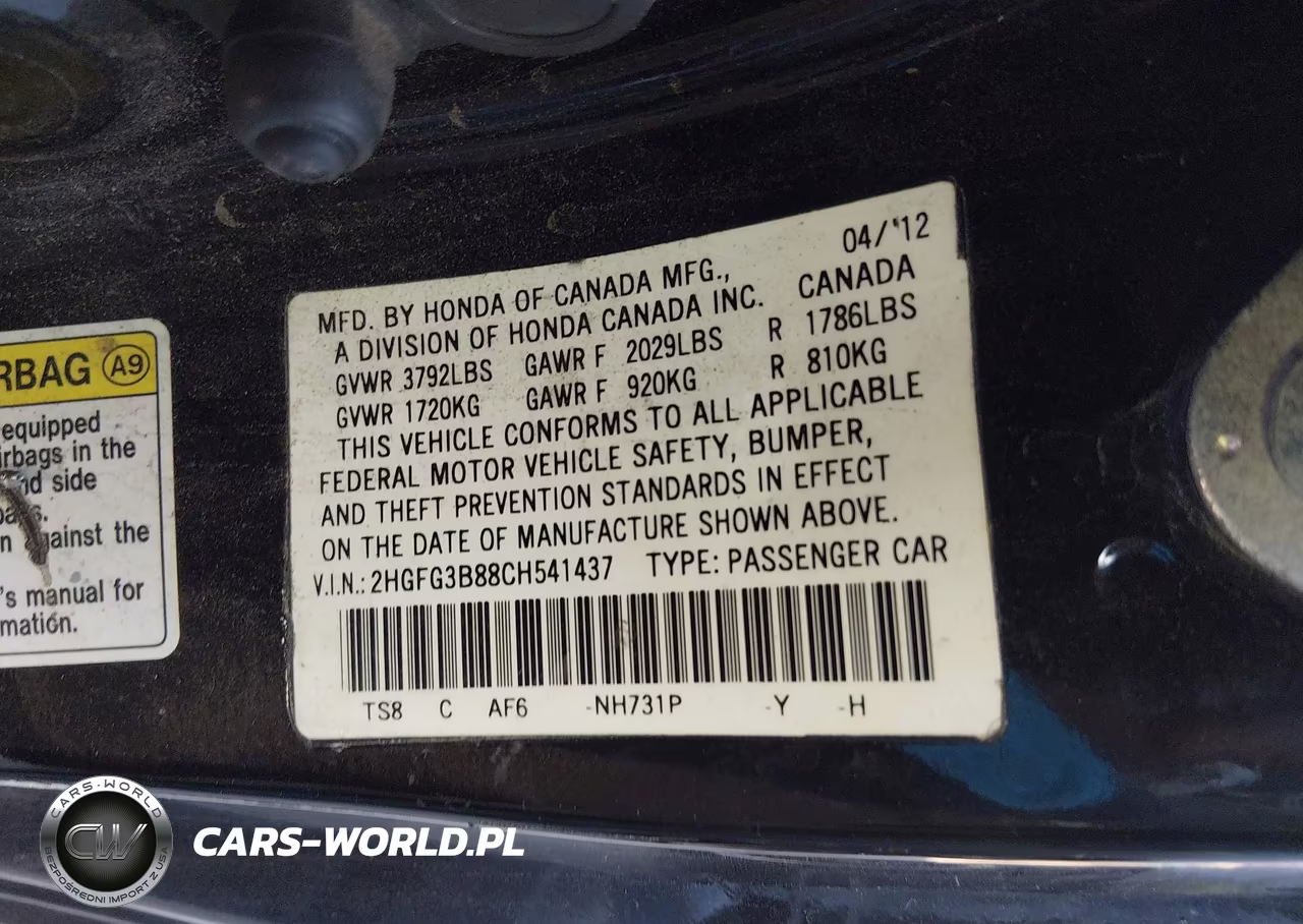 2012 Honda Civic Ex VIN:2HGFG3B88CH541437 - 9