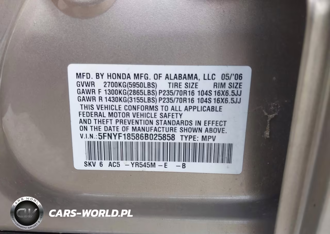 2006 Honda Pilot Ex-L VIN:5FNYF18586B025858 - 9