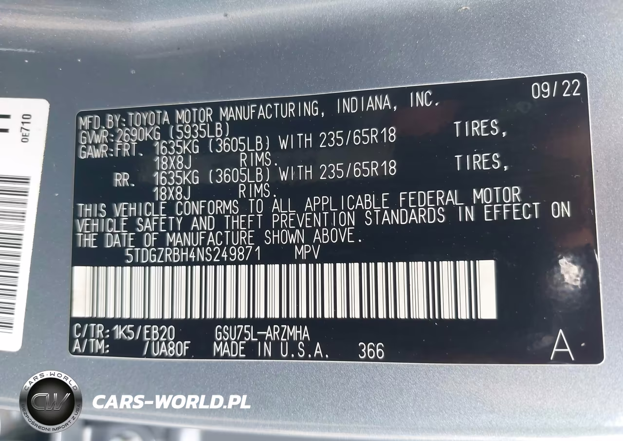 2022 Toyota Highlander Xle VIN:5TDGZRBH4NS249871 - 9