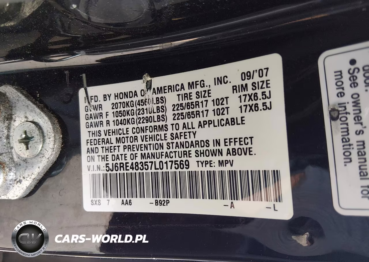 2007 Honda Cr-V Lx VIN:5J6RE48357L017569 - 9