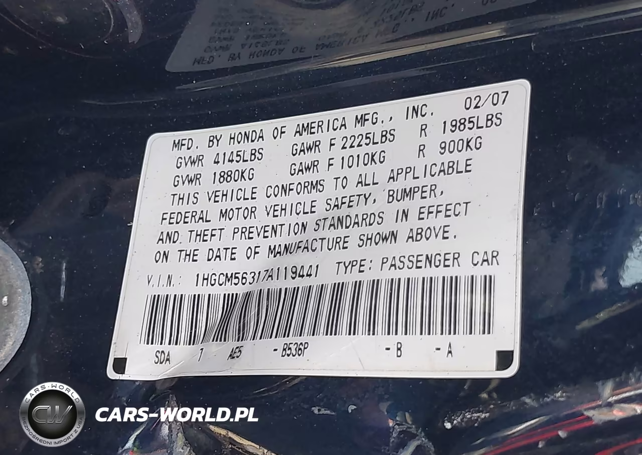 2007 Honda Accord 2.4 Se VIN:1HGCM56317A119441 - 9