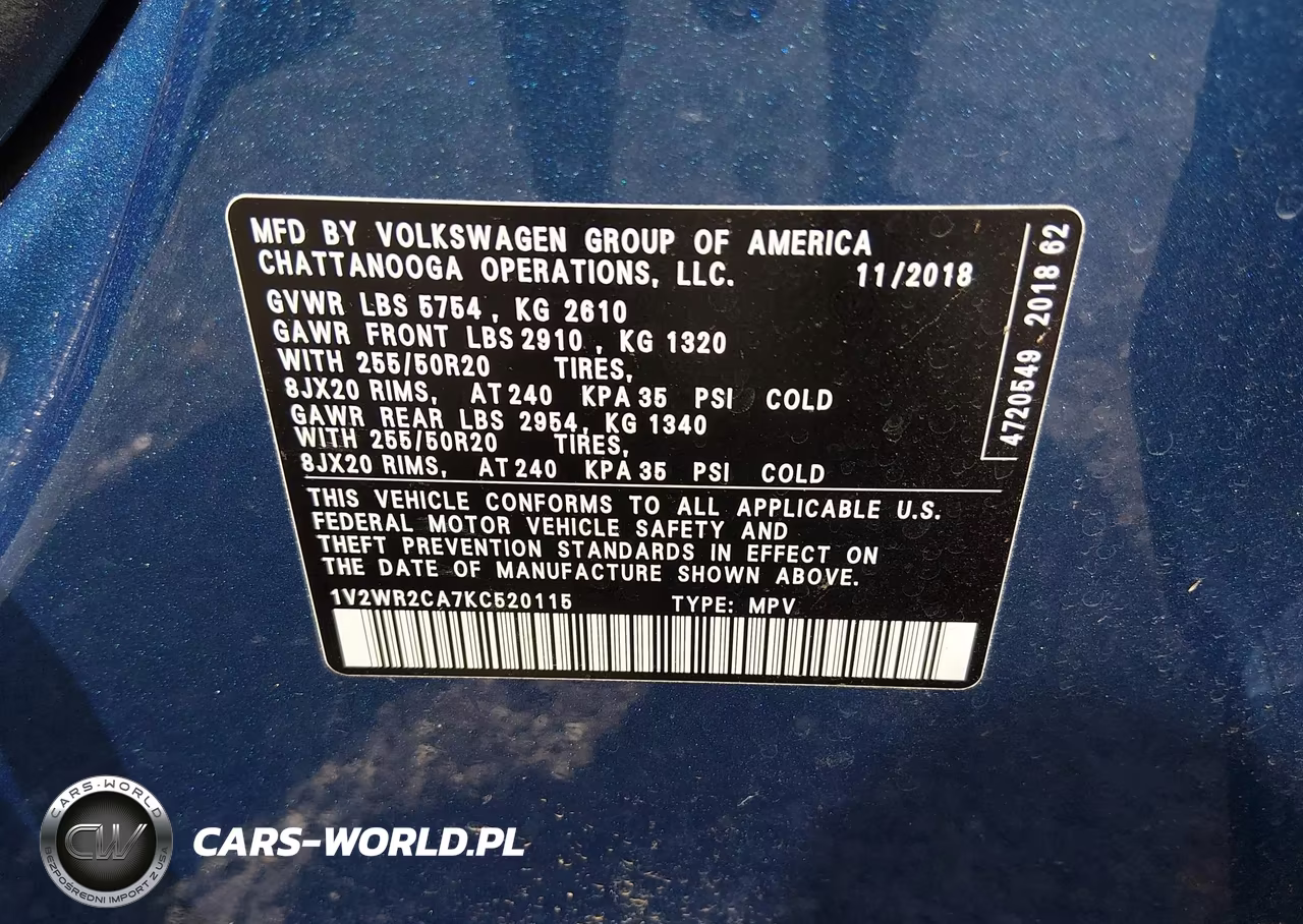 2019 Volkswagen Atlas 3.6L V6 Se W-Technology VIN:1V2WR2CA7KC520115 - 9