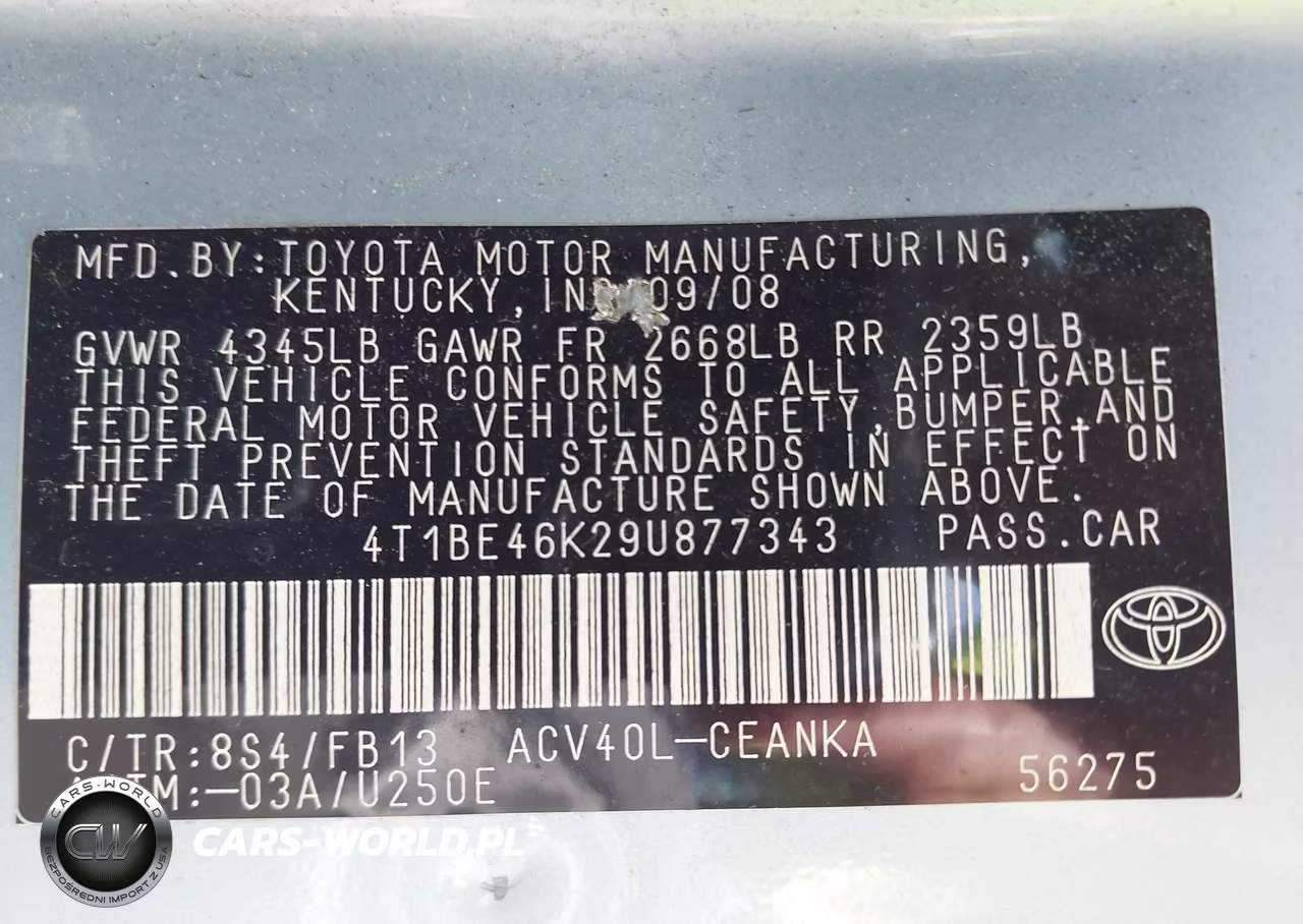 2009 Toyota Camry Le VIN:4T1BE46K29U877343 - 9