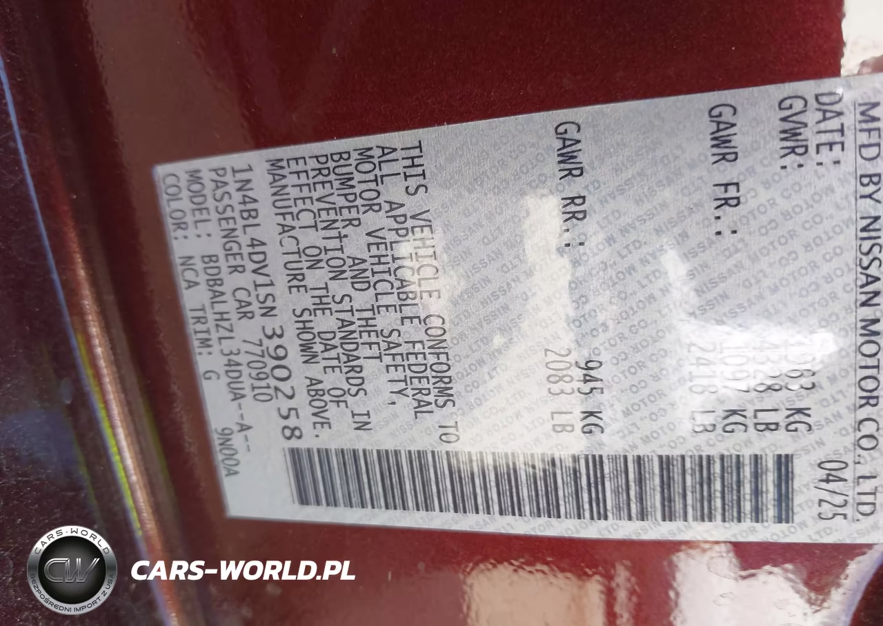 2025 Nissan Altima Sv Fwd VIN:1N4BL4DV1SN390258 - 9