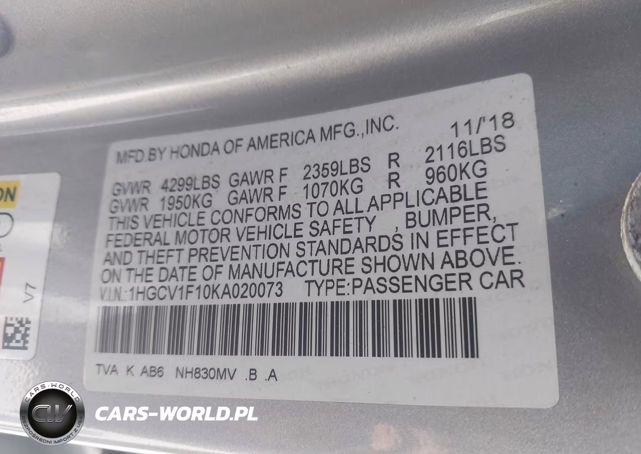 2019 Honda Accord Lx VIN:1HGCV1F10KA020073 - 9