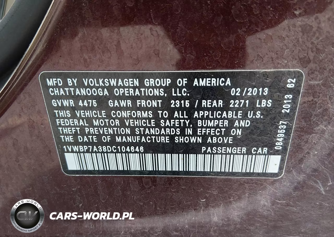 2013 Volkswagen Passat 2.5L Se VIN:1VWBP7A38DC104646 - 9