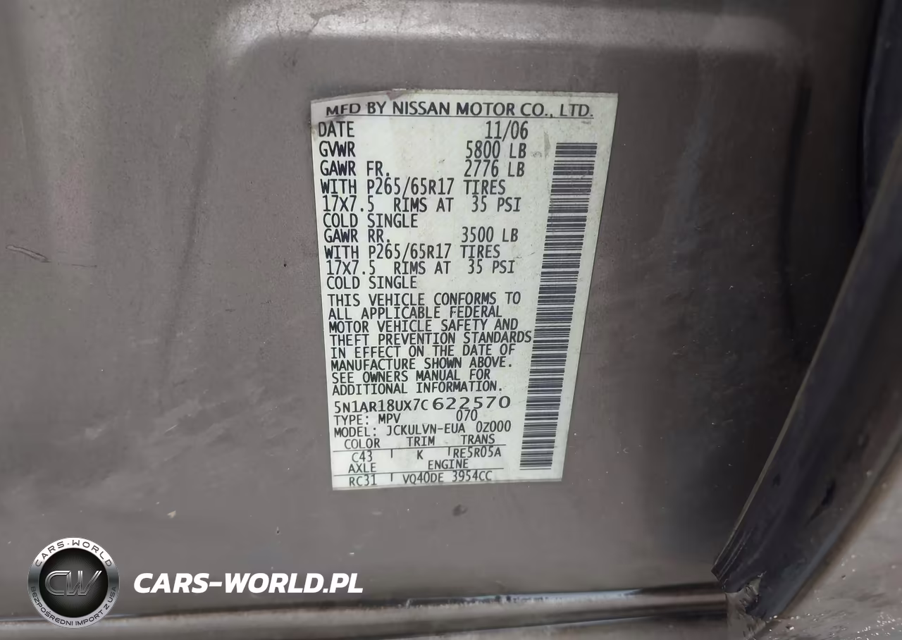 2007 Nissan Pathfinder Le VIN:5N1AR18UX7C622570 - 9