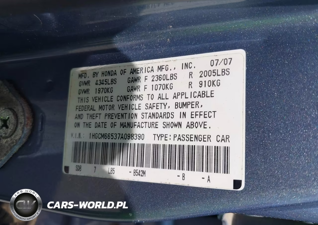 2007 Honda Accord 3.0 Ex VIN:1HGCM66537A098390 - 9