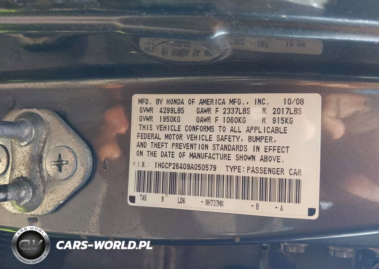 2009 Honda Accord 2.4 Lx-P VIN:1HGCP26409A050579 - 9