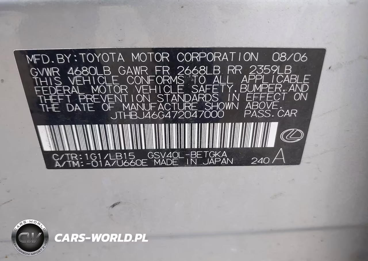 2007 Lexus Es 350 VIN:JTHBJ46G472047000 - 9