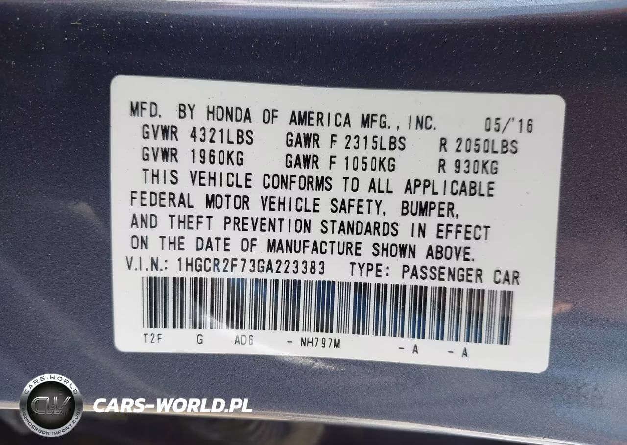 2016 Honda Accord Ex VIN:1HGCR2F73GA223383 - 9