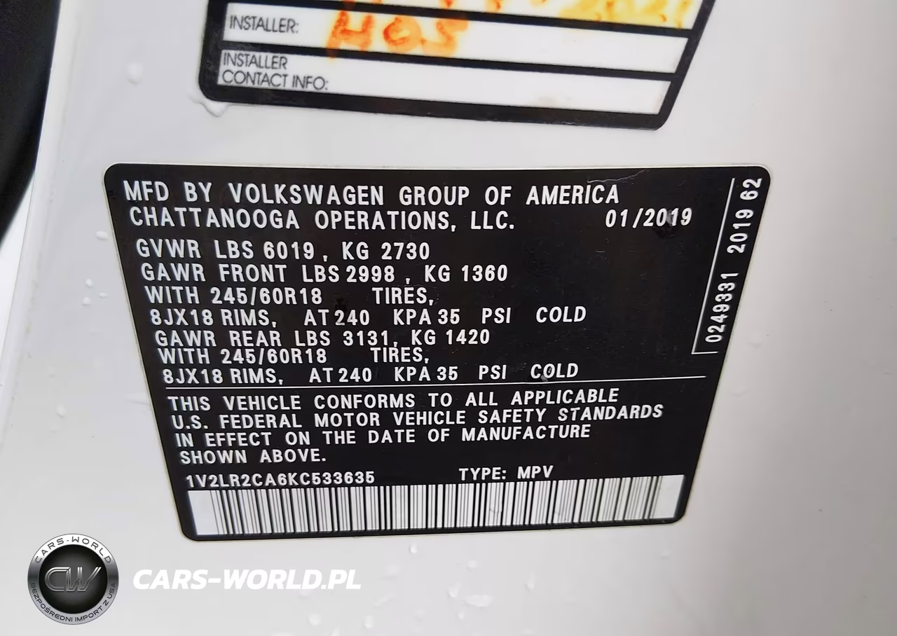 2019 Volkswagen Atlas 3.6L V6 Se VIN:1V2LR2CA6KC533635 - 9